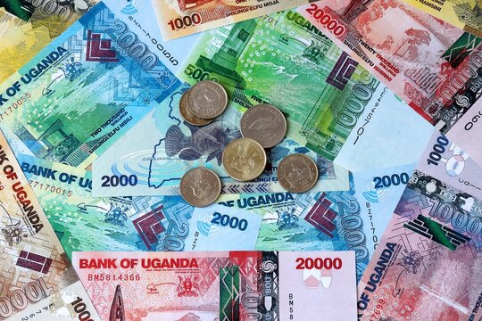 Ugandan shilling money banknotes and coins on table. Uganda cash bills of UGX currency