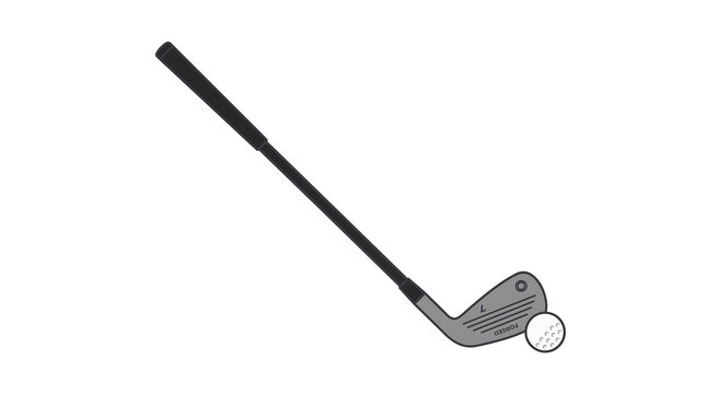 A simple black and white illustration of a golf club poised to strike a golf ball on a white background.