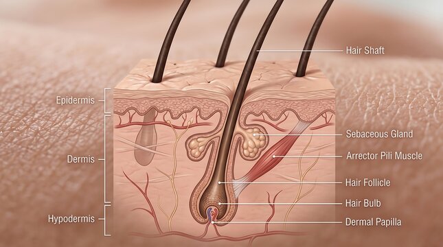 Detailed anatomical diagram illustrating the structure of human skin and hair follicles with labeled components.