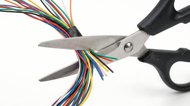 Sharp scissors severing a bundle of multicolored electrical wires, signifying disconnection or repair work.