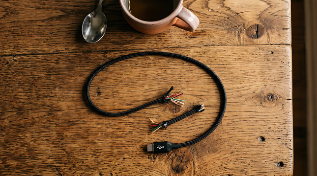 Severed USB charging cable with frayed wires on a wooden surface next to a coffee mug and spoon
