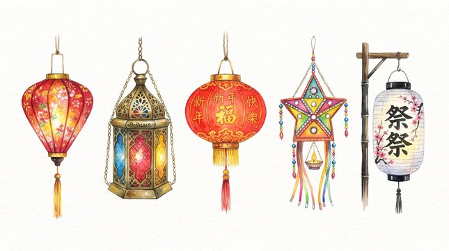 Vibrant watercolor illustration of various cultural lanterns featuring Chinese red lantern, Moroccan lamp, Diwali star lantern, and Japanese chochin isolated on white for festive celebrations.
