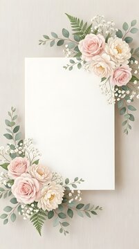 Elegant floral wedding card template featuring soft pink roses and delicate greenery on beige background