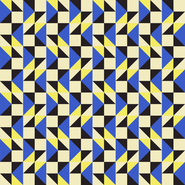 Bright bold vibrant abstract geometric quilt seamless vector pattern, color block technology, geometric colorful patchwork background, blue yellow black 
