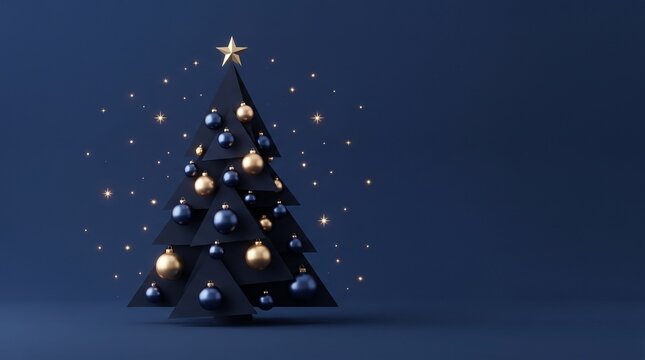 Minimalist christmas backround featuring a small decorated pine tree with gold and blue ornaments on dark blue
