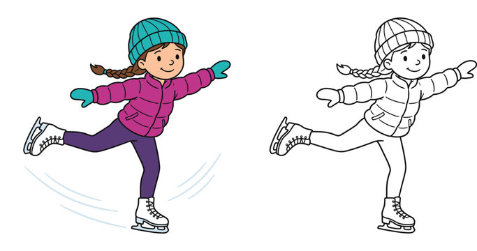 Cute Girl Ice Skating Cartoon Illustration and Black and White Outline for Coloring Book, Winter Sports Activity for Kids
