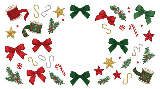 Christmas Border Frame of Vector Bows, Ribbon Reels, Holly Leaves, Candy Canes and Stars