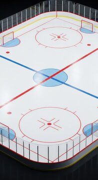 Detailed isometric view of a professional ice hockey rink featuring red and blue markings, goals with nets, and a smooth frozen ice surface, sports, match, arena