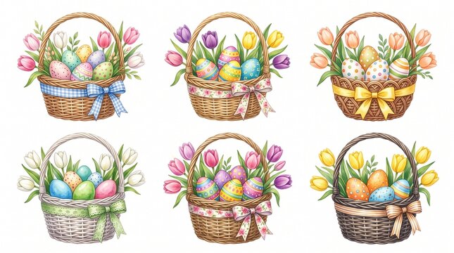 Set of six watercolor Easter baskets featuring hand-painted decorated eggs and vibrant spring tulips on white. Beautiful hand-drawn holiday illustrations with ornate ribbons and pastel flowers.