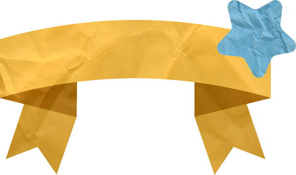 Yellow Paper Ribbon Banner with Blue Grid Star Crumpled Texture Paper Craft Collage for Message Header Label Design Element