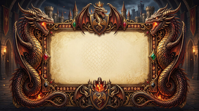 Dragon themed fantasy border with mythical creatures and ancient ruins for gaming interface design.