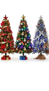 Four beautifully decorated Christmas trees with colorful ornaments and bright lights stand in a row against a clean white background scene, green, baubles, present
