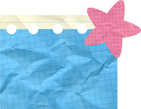 Blue Crumpled Graph Paper with Pink Star Cutout and Torn Edge Notebook Page for Scrapbooking and Creative Journaling Collage Element
