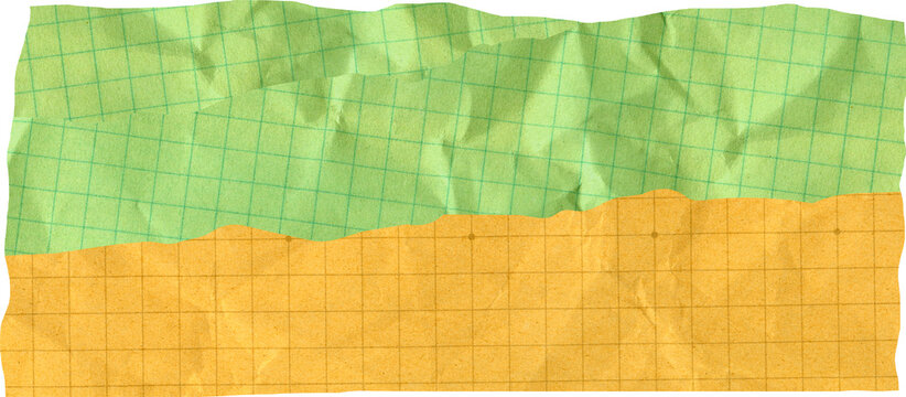 Torn Crumpled Green and Orange Graph Paper Background with Wrinkled Texture and Grid Lines for School and Office Stationery Design