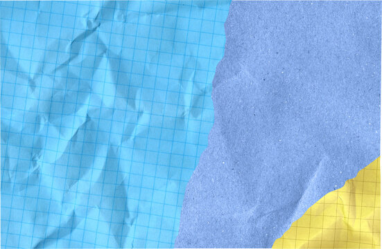 Blue and yellow torn paper collage with crumpled graph texture and recycled fiber surface for creative background and graphic design