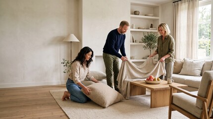Fototapeta premium Friends arrange floor cushions in a calm living room