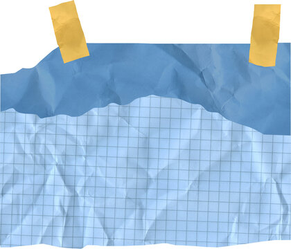 Blue crumpled paper over grid graph paper with yellow adhesive tape pieces scrapbook collage background for note message and stationery mockup design