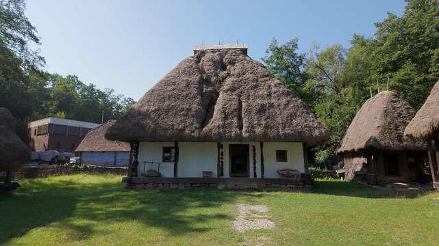 Old whitewashed Romanian farmhouse with a large thatched roof in a sunny rural setting
