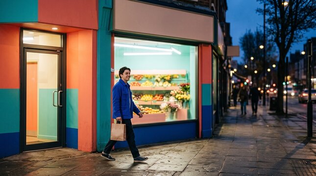 Shopper approaches a colorful neighborhood corner store