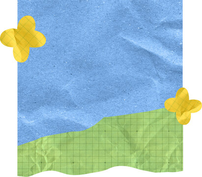 Blue Crumpled Paper Texture Background with Green Torn Graph Paper and Yellow Floral Accents for Creative Scrapbooking and Digital Collage Graphic Design