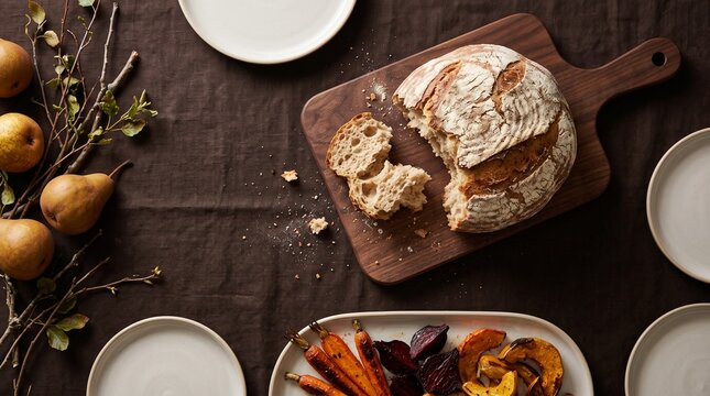 Artisan bread board and roasted roots from above