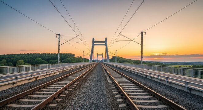 Modern Railway Bridge at Sunset with Dual Tracks Stretching Towards the Horizon