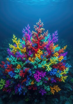 Intricate fractal patterns mimic organic coral structures in a glowing underwater reef scene filled with vibrant neon colors and light, marine, digital, bioluminescent