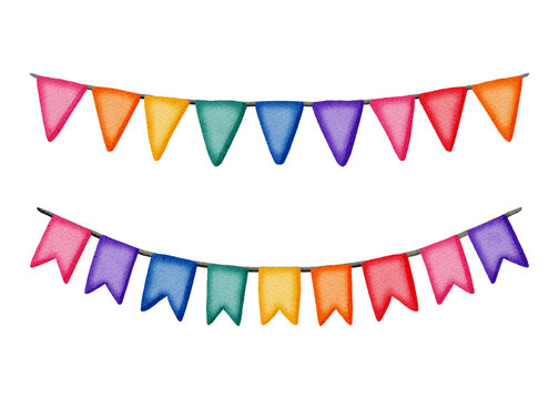 Watercolor birthday party garland flags set isolated on white background. Colorful hanging bunting banners for birthdays, anniversaries, party invitations, children's design, and cardmaking.