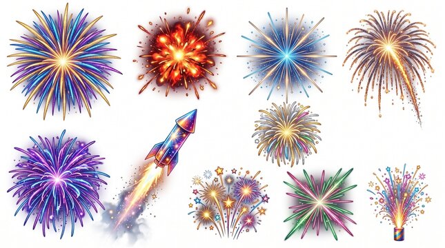 Vibrant Fireworks Collection and Launching Rocket Isolated on White Background for Celebration Events, New Year Eve Party, Independence Day, Festive Sparklers and Bright Colorful Starbursts Set.