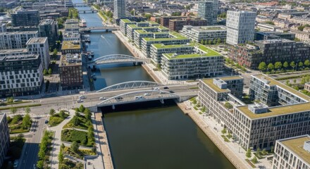 Fototapeta premium Modern Urban Canal with Bridges and Buildings, Showcasing City Transportation and Architecture