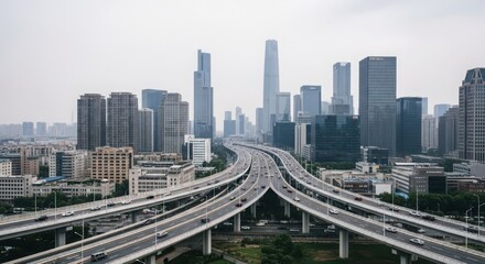 Fototapeta premium Modern Urban Cityscape with a Multi-Level Highway Interchange and Tall Buildings