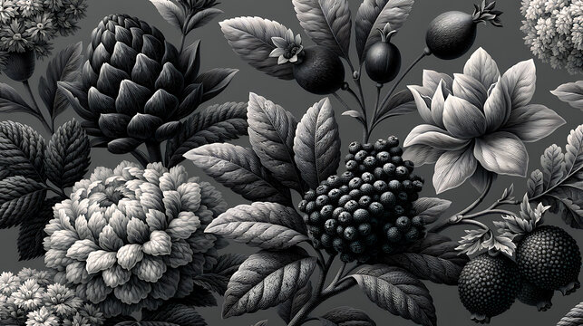 Botanical engraving displays a detailed floral ornament in grayscale