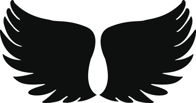 Black silhouette of bird wings spread open with silhouette isolated illustration feathered stylized blackwork background ornament decorative
