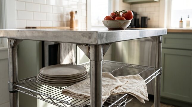 Brushed steel prep table detail in a galley kitchen