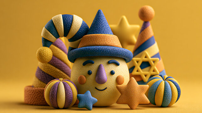 Purim character with hat and groggers a 3d rendered composition