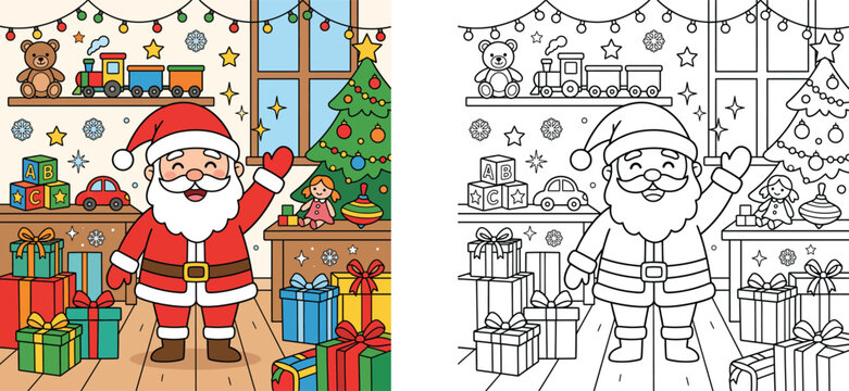 Cute Santa Claus in Toy Workshop with Christmas Tree and Gifts Coloring Page and Color Illustration for Kids