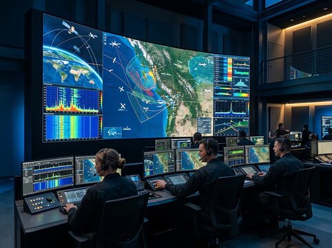 Professional operators working in a high tech military command and control center with large digital screens.