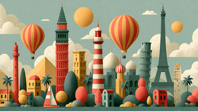 World landmarks and hot air balloons form a vibrant vector illustration