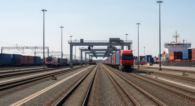 Multi-level cargo distribution hub with trains, trucks, and gantry cranes facilitating efficient intermodal transport operations