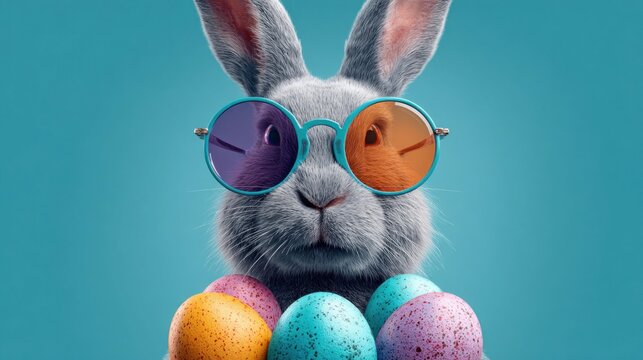 Stylish easter bunny with vibrant egg backdrop