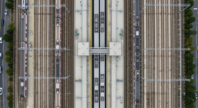 Overhead Aerial View of Modern Urban Metro Rail Depot with Multiple Trains Lined Up on Tracks
