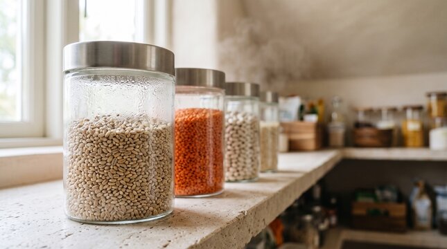 Condensation on grain jars in a cool cloud cellar