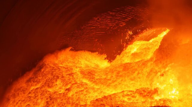 Glowing molten material surges in turbulent waves inside dark industrial vessel, splashing and folding across bright orange surface under intense heat and dramatic low light