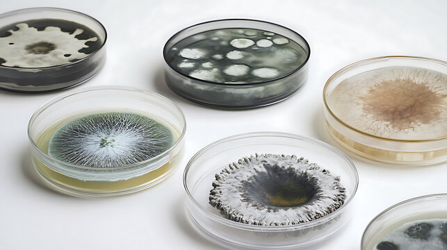 Inside each Petri dish are detailed mould cultures at different stages of growth &ndash; thread-like structures, spores, concentric rings and contrasting colours (green, grey, black, white and yellowish).