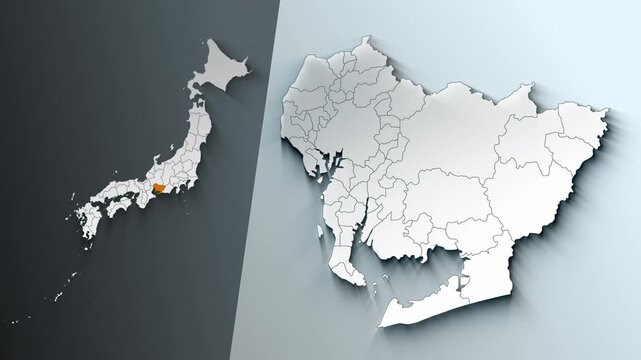 Animated Map of Aichi State Highlighted Within Japan with Prefectures Borders