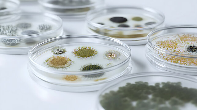 Inside each Petri dish, mold cultures at different stages of growth are detailed &ndash; thread-like structures, spores, concentric rings and contrasting colors.