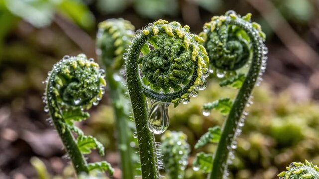 Morning dew gently glistening on the unfurling green fiddleheads of ferns, a symbol of spring's renewal