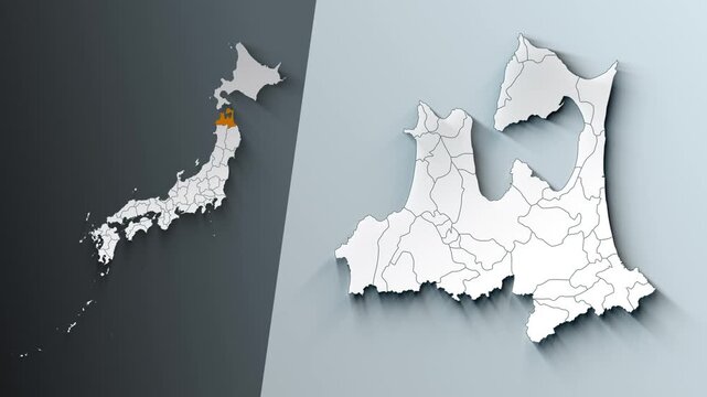Animated Map of Aomori State Highlighted Within Japan with Prefectures Borders