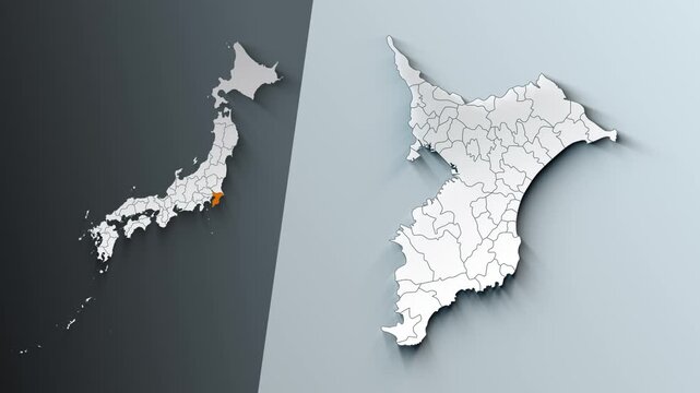 Animated Map of Chiba State Highlighted Within Japan with Prefectures Borders
