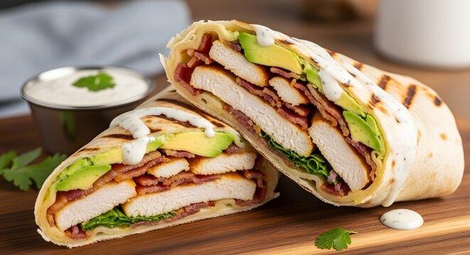 Grilled Chicken Avocado Bacon Wrap with Creamy Dressing on Wooden Board